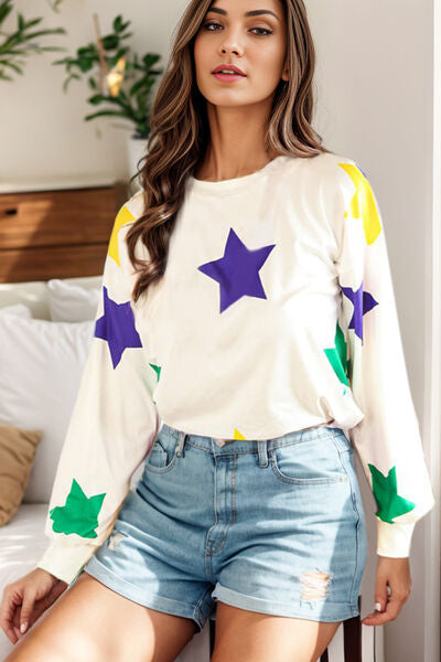 Star Print Round Neck Lantern Sleeve T-Shirt - Charming Charlie