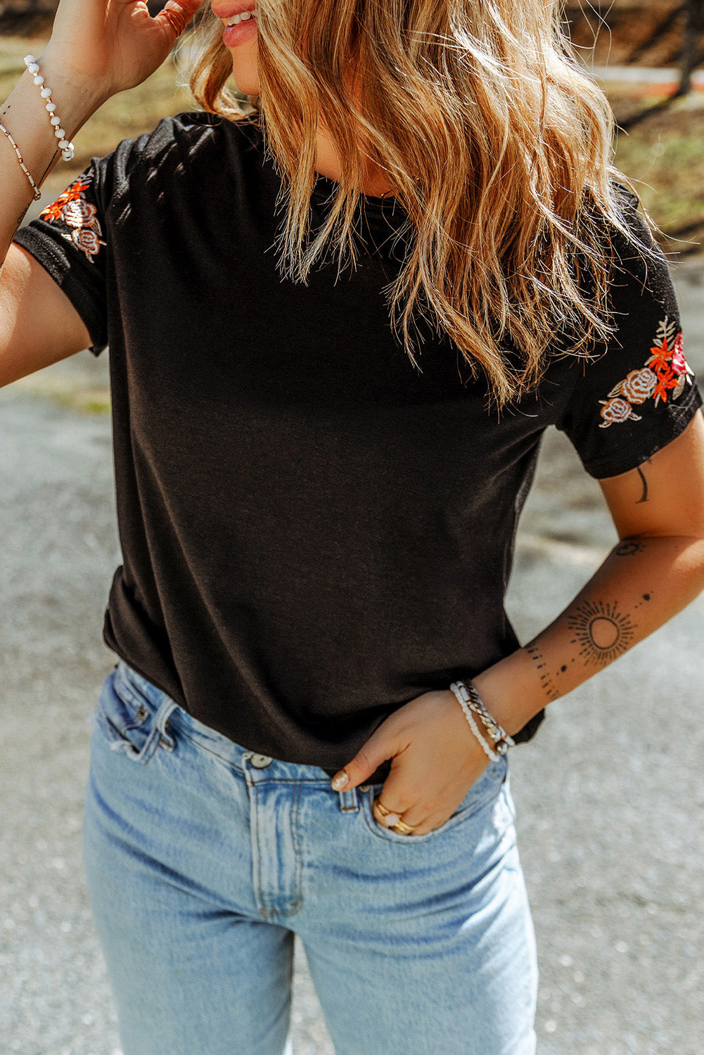 Embroidered Round Neck Tee Shirt - Charming Charlie