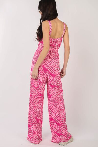 VERY J Printed Pleated Sleeveless Wide Leg Jumpsuit - Charming Charlie