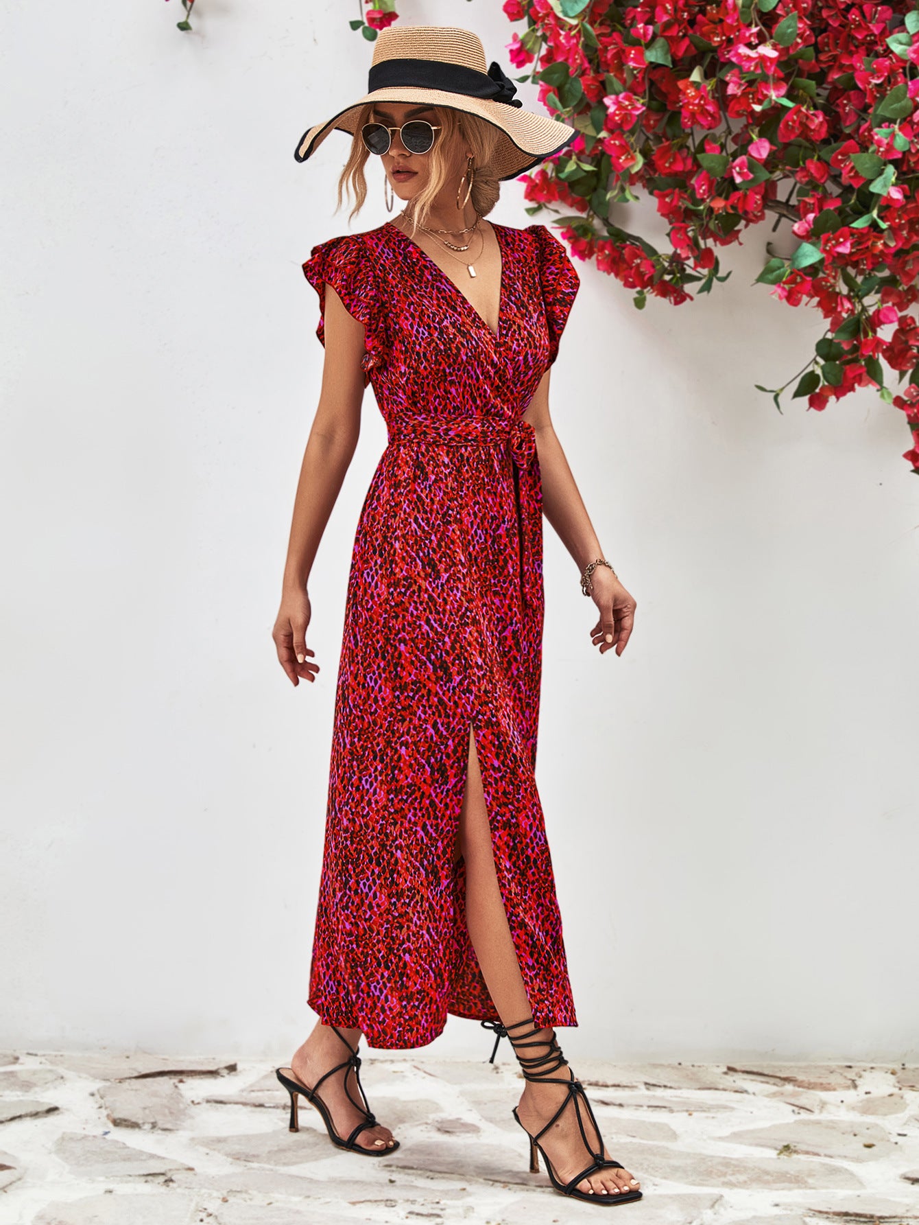 Printed Surplice Neck Flutter Sleeve Slit Dress - Charming Charlie
