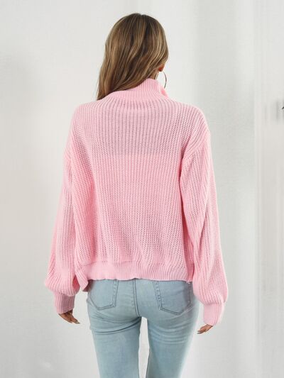 Turtleneck Zip Up Long Sleeve Knit Top - Charming Charlie