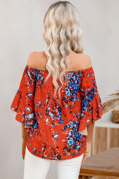 Tied Printed Off-Shoulder Half Sleeve Blouse - Charming Charlie