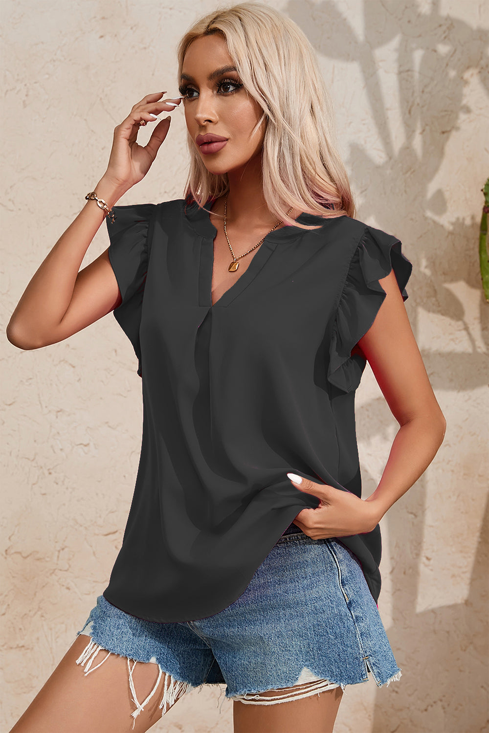 Ruffled Notched Cap Sleeve Blouse - Charming Charlie