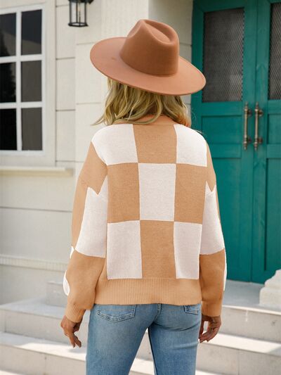 Checkered Round Neck Dropped Shoulder Sweater - Charming Charlie