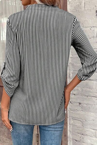 Striped Notched Roll-Tab Sleeve Shirt - Charming Charlie