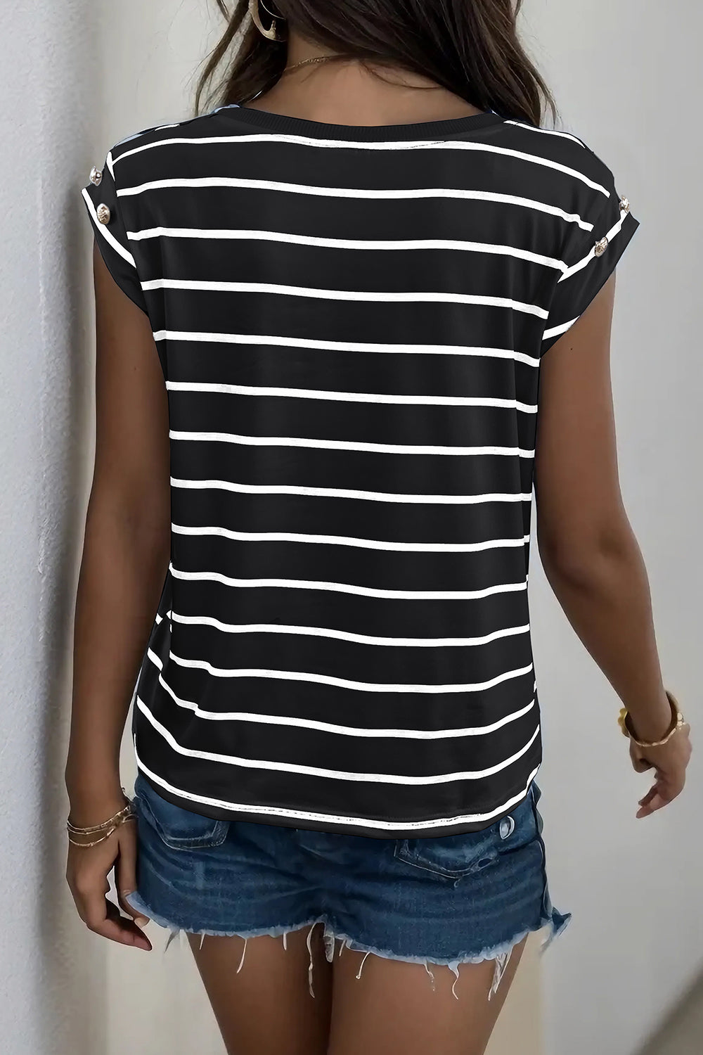 Decorative Button Round Neck T-Shirt - Charming Charlie