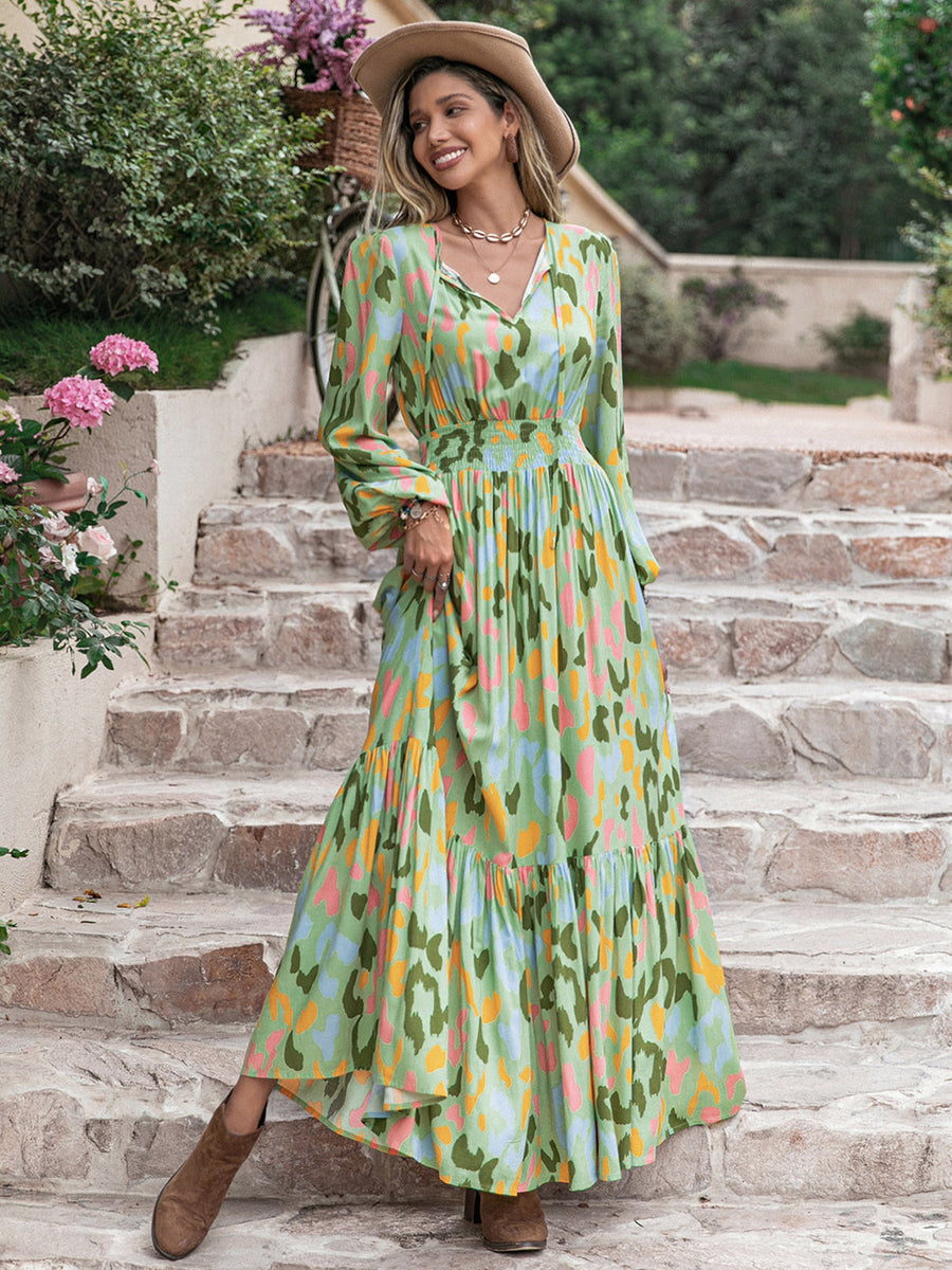 Printed Tie Neck Long Sleeve Maxi Dress  Charming Charlie