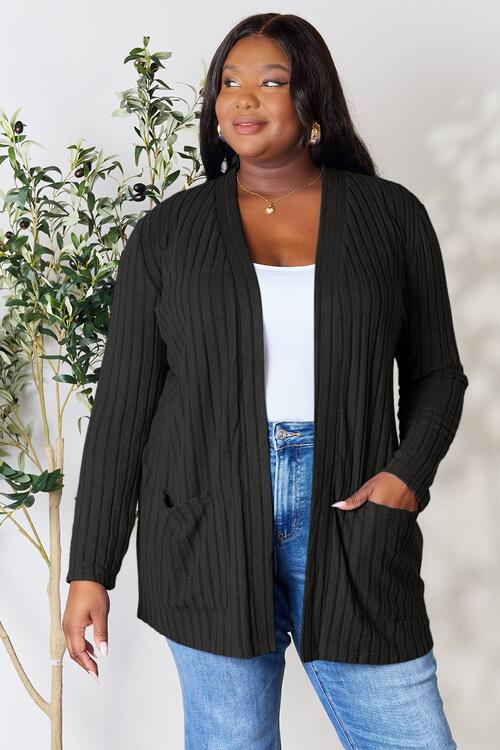 Basic Bae Full Size Ribbed Open Front Cardigan with Pockets - Charming Charlie