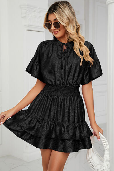 Smocked Tie Neck Flounce Sleeve Dress - Charming Charlie