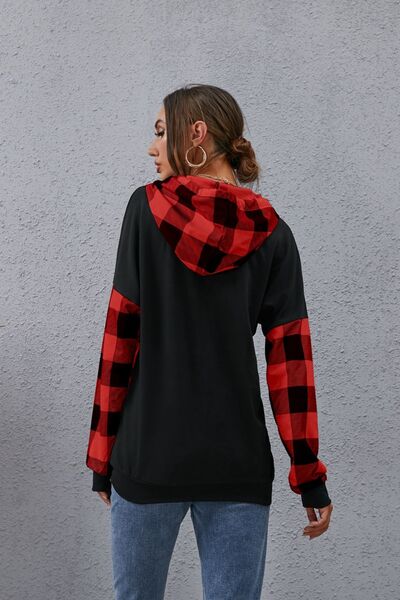 Plaid Drawstring Dropped Shoulder Hoodie - Charming Charlie