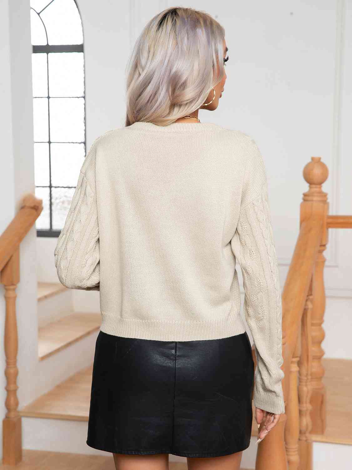 Cable-Knit Round Neck Long Sleeve Sweater - Charming Charlie