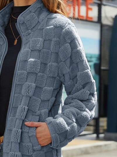 Fuzzy Checkered Zip Up Jacket - Charming Charlie