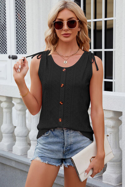 Eyelet Round Neck Wide Strap Tank - Charming Charlie