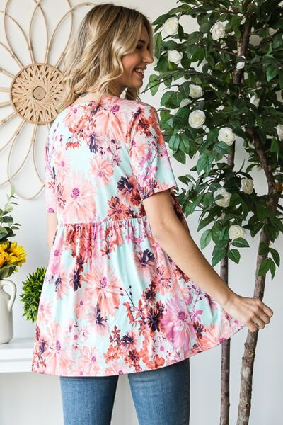 Heimish Full Size Floral V-Neck Short Sleeve Babydoll Blouse - Charming Charlie