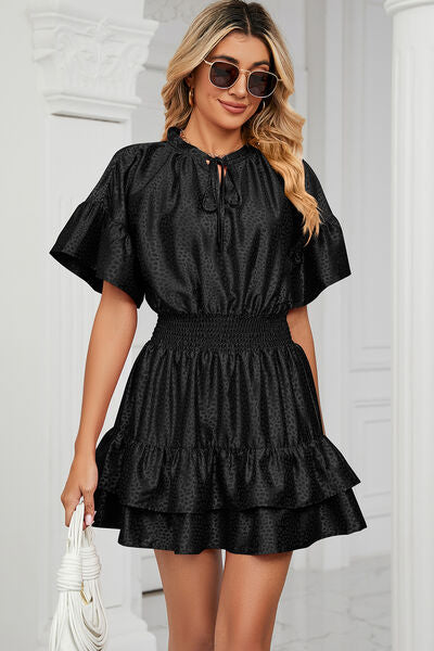 Smocked Tie Neck Flounce Sleeve Dress - Charming Charlie