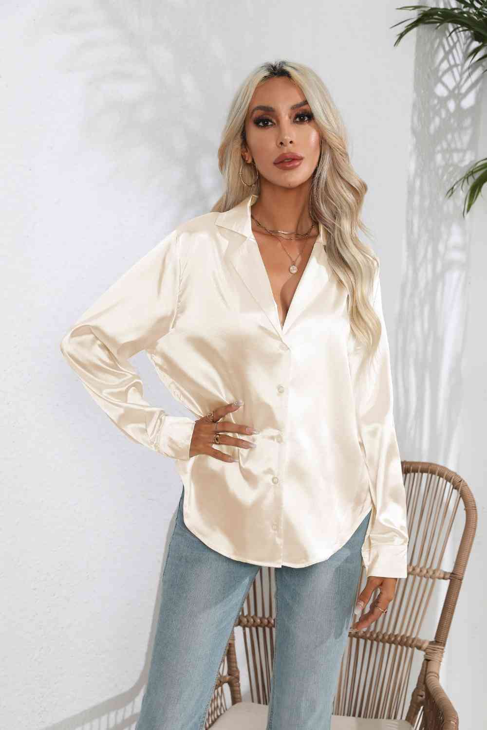 Lapel Collar Button Up Long Sleeve Shirt - Charming Charlie
