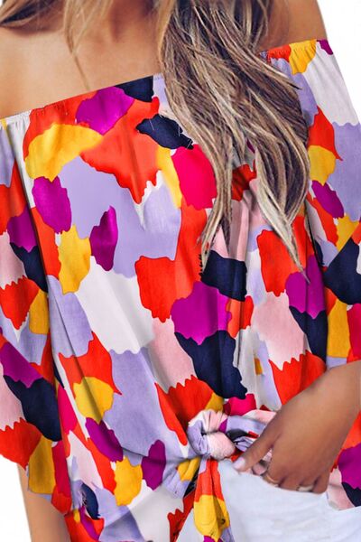 Tied Printed Off-Shoulder Half Sleeve Blouse - Charming Charlie