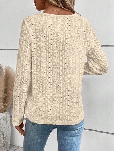 Openwork Half Button Long Sleeve Blouse - Charming Charlie