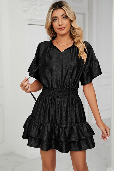 Smocked Tie Neck Flounce Sleeve Dress - Charming Charlie
