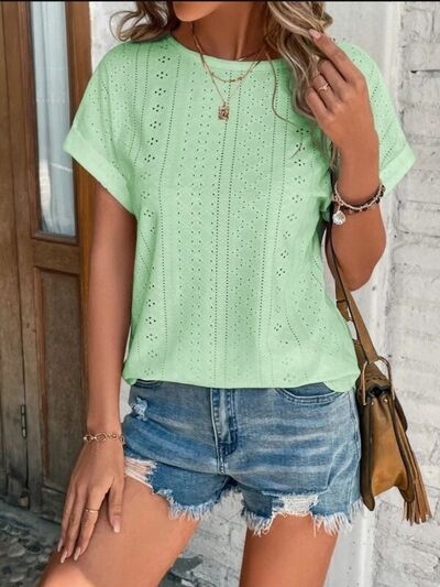 Eyelet Round Neck Short Sleeve T-Shirt - Charming Charlie