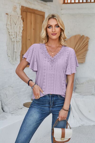 Eyelet Applique V-Neck Cap Sleeve T-Shirt - Charming Charlie