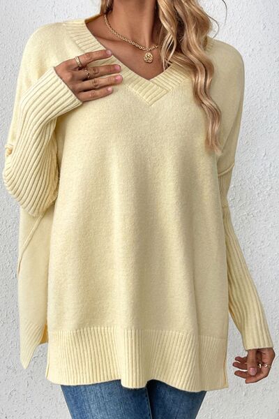 Slit V-Neck Dropped Shoulder Sweater - Charming Charlie