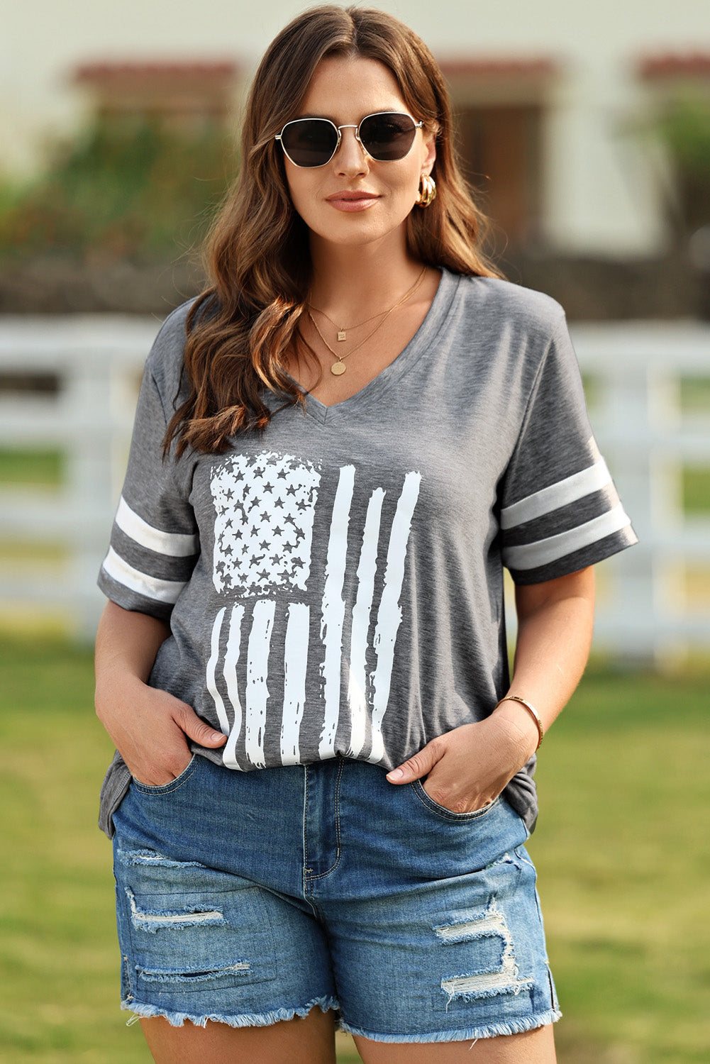 Plus Size US Flag Graphic V-Neck Tee - Charming Charlie
