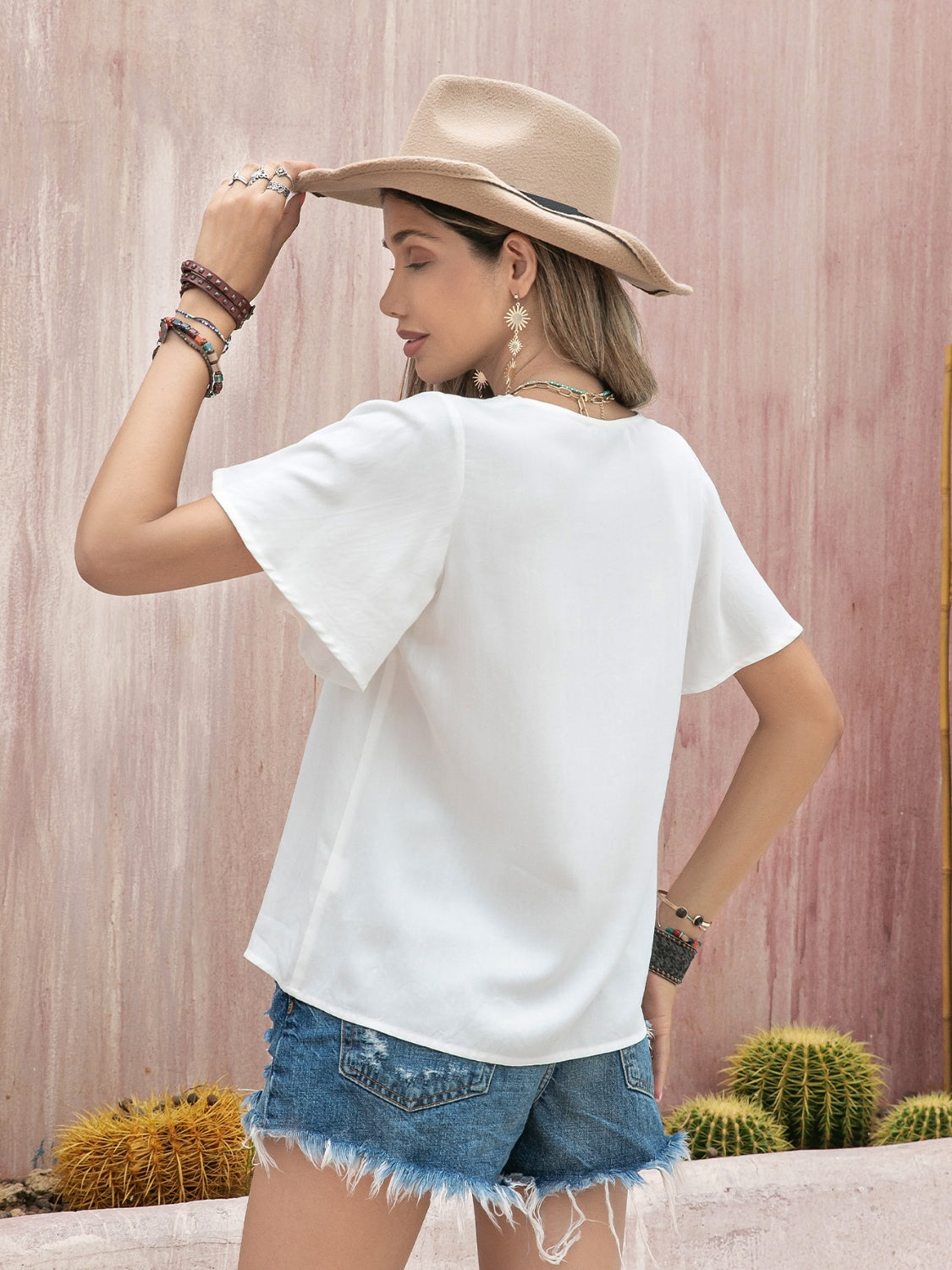 Graphic V-Neck Flutter Sleeve T-Shirt - Charming Charlie