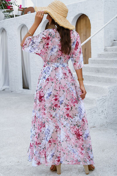 Printed Tied Half Sleeve Slit Dress - Charming Charlie