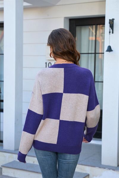Color Block Round Neck Dropped Shoulder Sweater - Charming Charlie