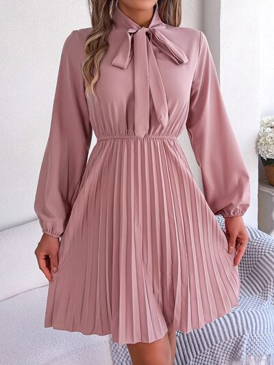 Tie Neck Balloon Sleeve Pleated Dress - Charming Charlie