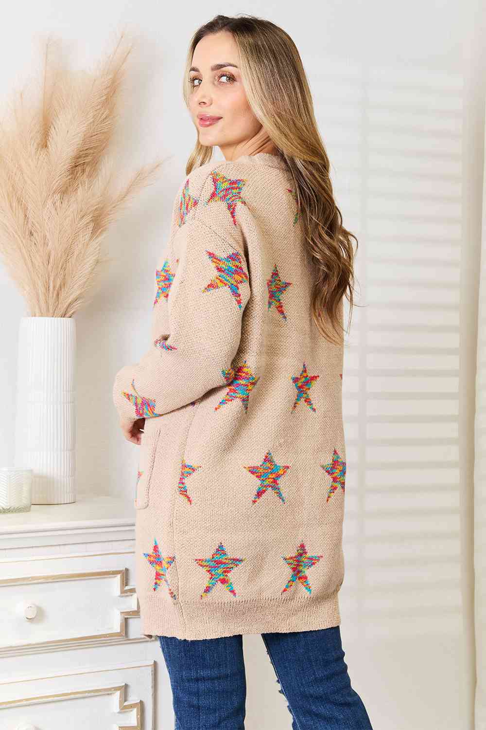 Double Take Star Pattern Open Front Longline Cardigan - Charming Charlie