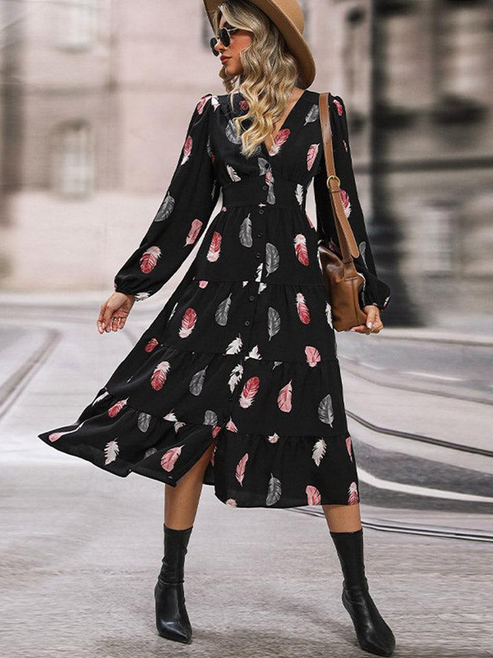 Printed V-Neck Slit Dress - Charming Charlie