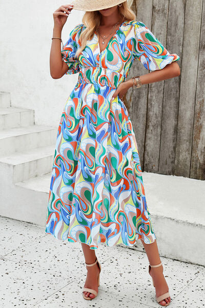 Smocked Printed V-Neck Short Sleeve Dress - Charming Charlie