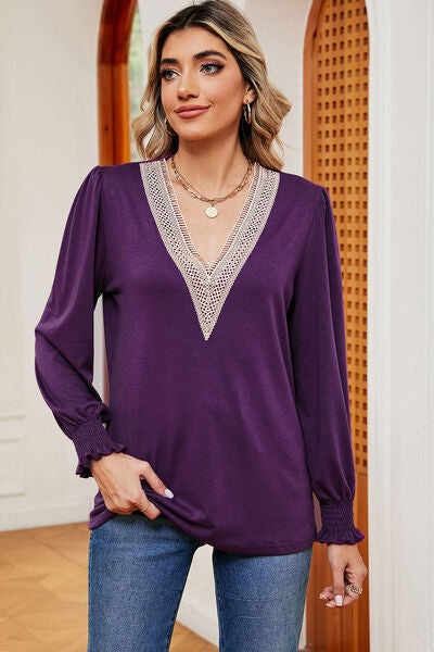 Lace Detail V-Neck Lantern Sleeve T-Shirt - Charming Charlie