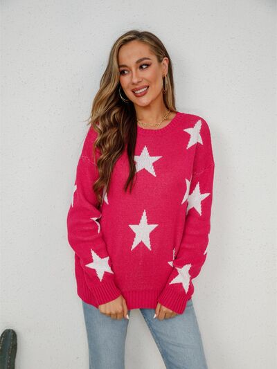 Star Round Neck Dropped Shoulder Sweater - Charming Charlie