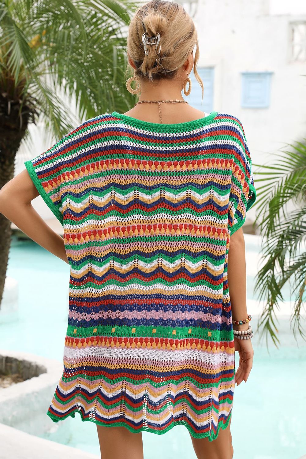 Rainbow Stripe Scalloped V-Neck Cover-Up Dress - Charming Charlie