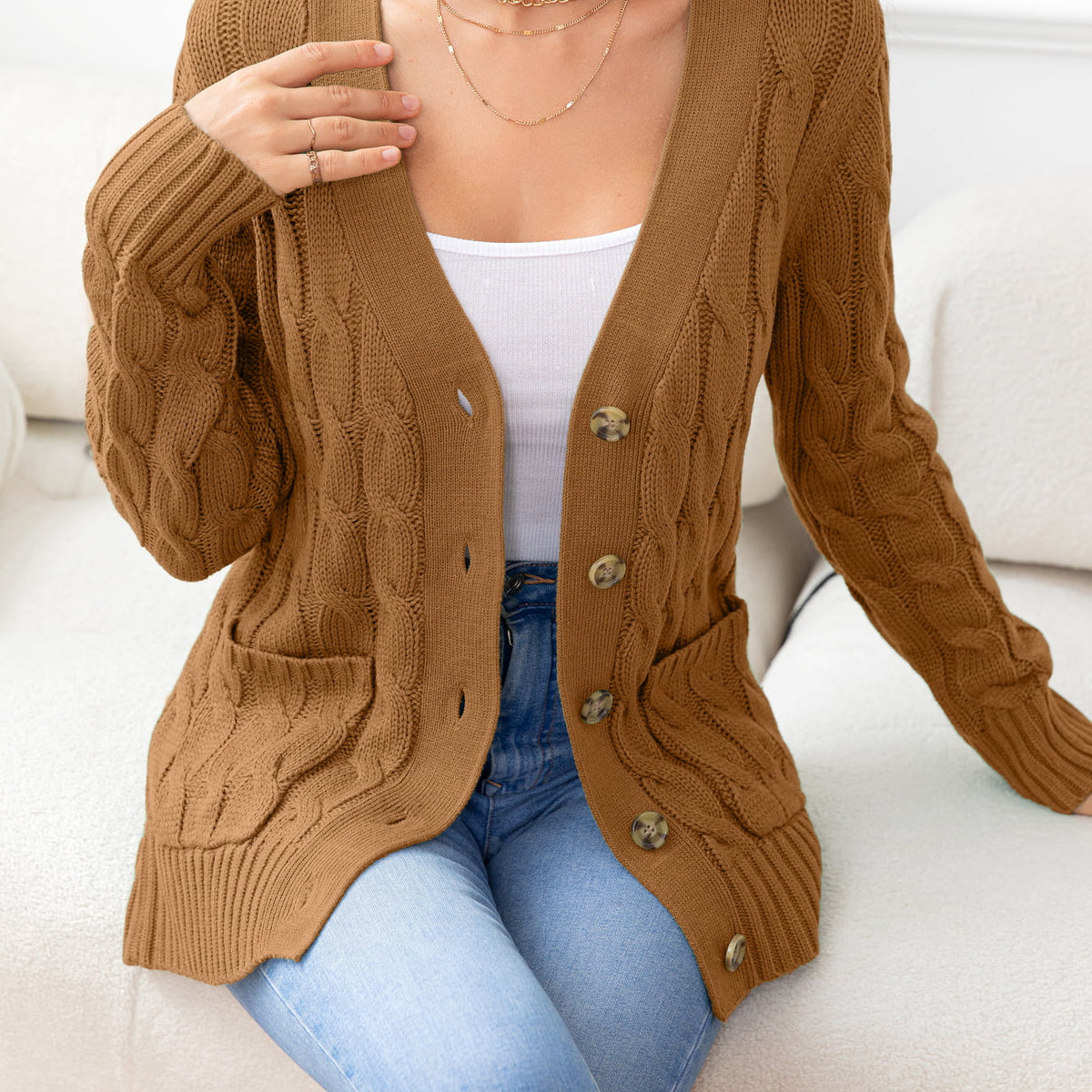 Cable Knit Button-Down Cardigan