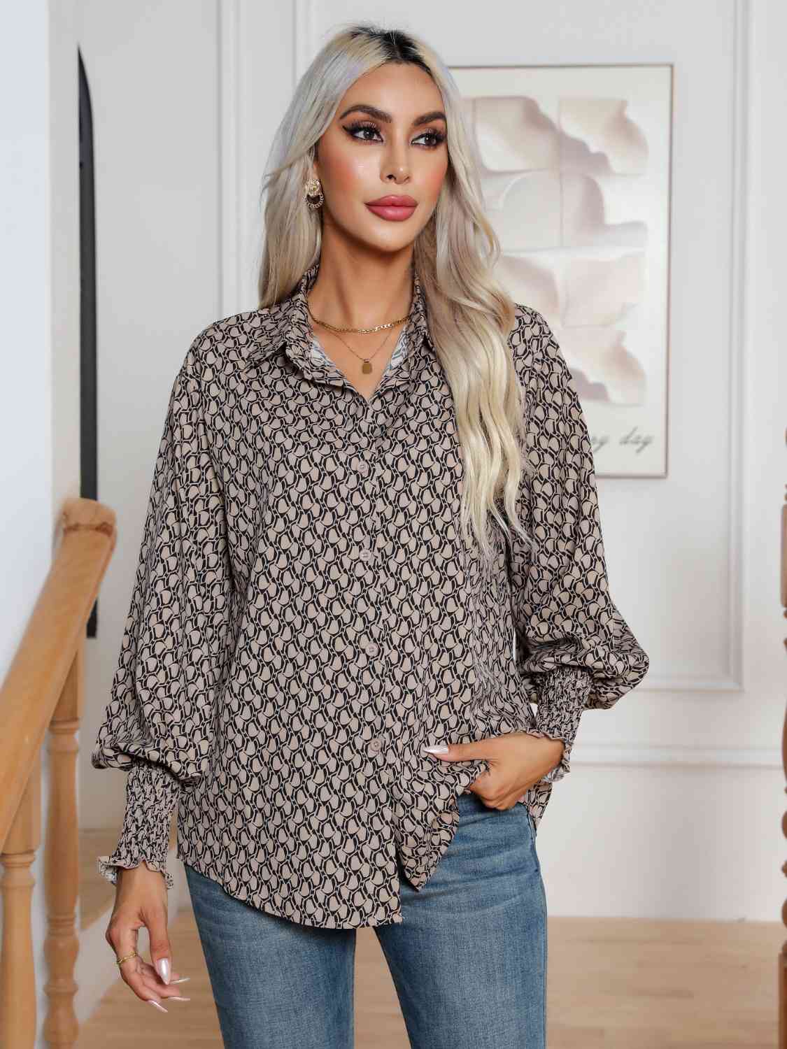 Printed Collared Neck Buttoned Dropped Shouder Shirt - Charming Charlie