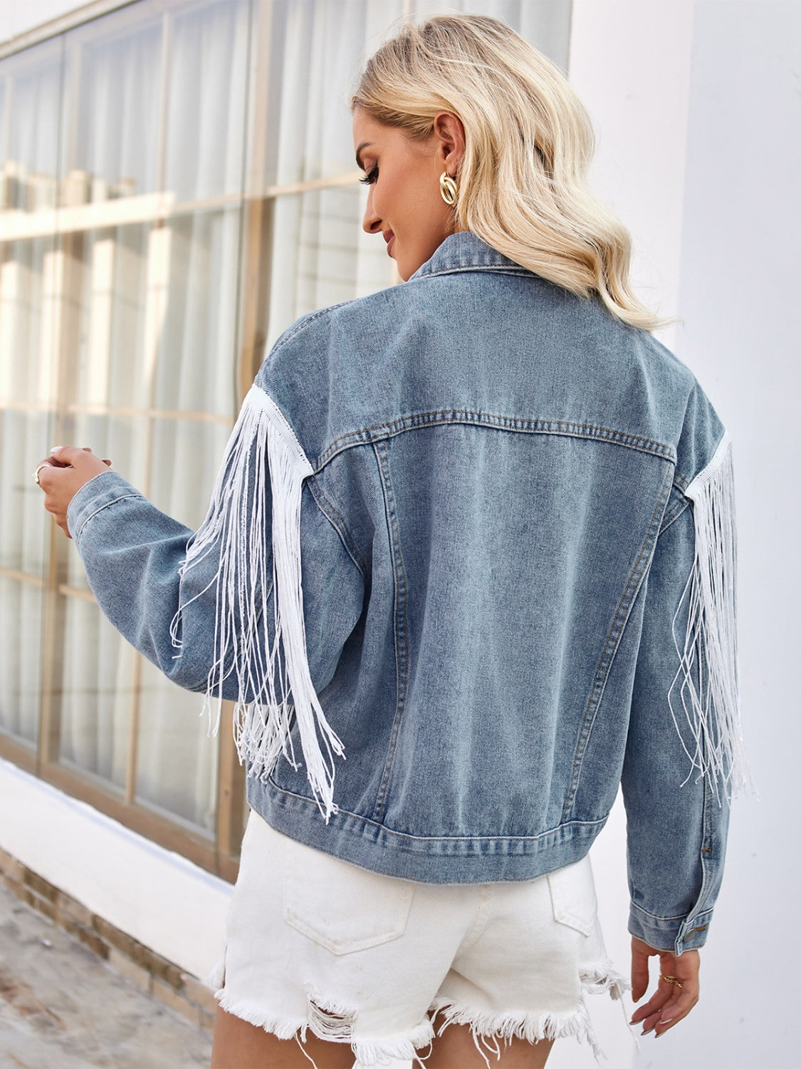Tassel Button Up Dropped Shoulder Denim Jacket - Charming Charlie