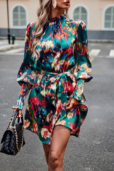 Printed Tie Waist Mock Neck Lantern Sleeve Dress - Charming Charlie
