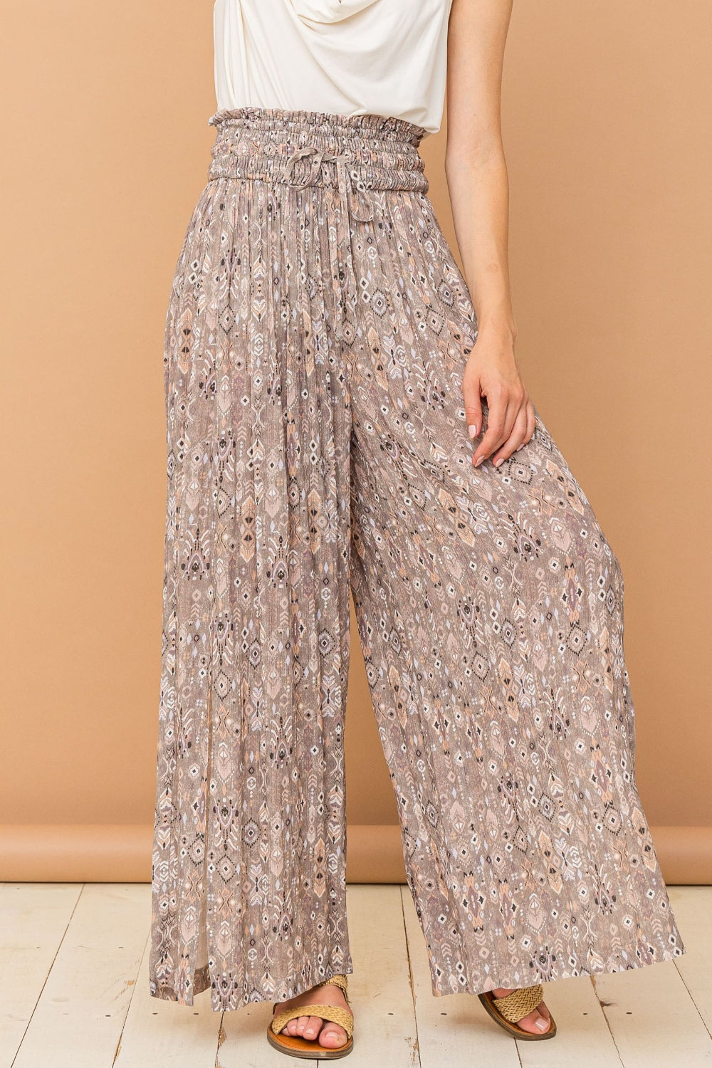 And The Why Printed Smocked Waist Slit Wide Leg Pants - Charming Charlie