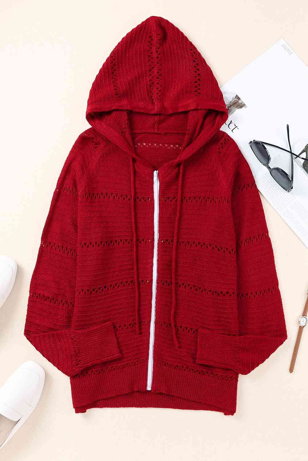 Zip-Up Raglan Sleeve Openwork Hooded Cardigan - Charming Charlie