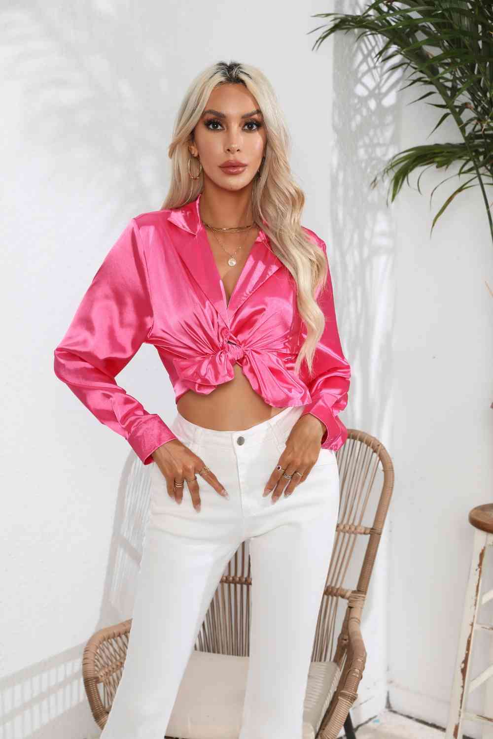 Lapel Collar Button Up Long Sleeve Shirt - Charming Charlie