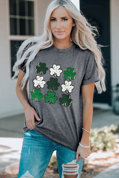Lucky Clover Round Neck Short Sleeve T-Shirt - Charming Charlie