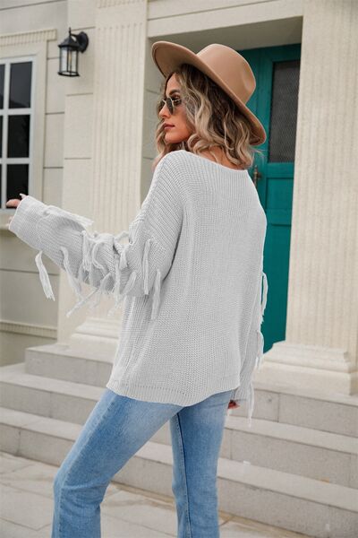 Fringe Round Neck Dropped Shoulder Sweater - Charming Charlie