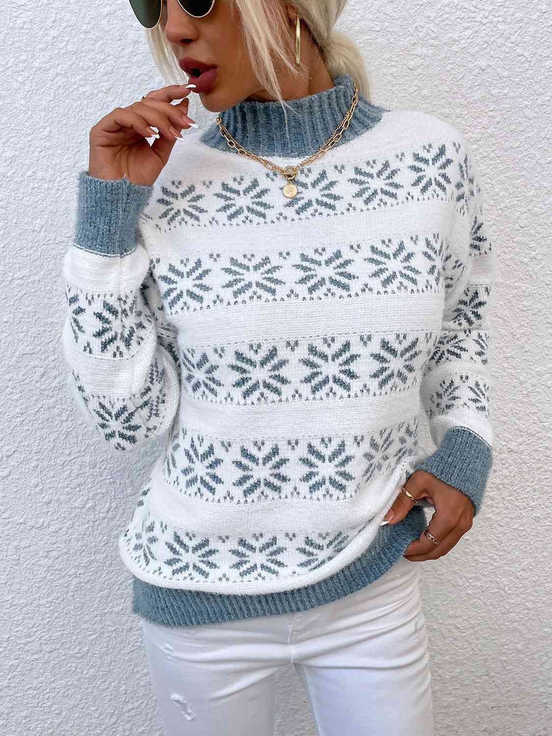 Snowflake Pattern Mock Neck Sweater - Charming Charlie