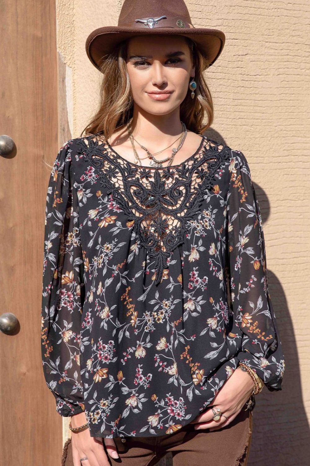 Printed Round Neck Long Sleeve Blouse - Charming Charlie