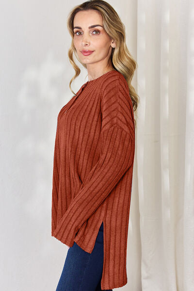 Basic Bae Full Size Ribbed Half Button Long Sleeve High-Low T-Shirt - Charming Charlie