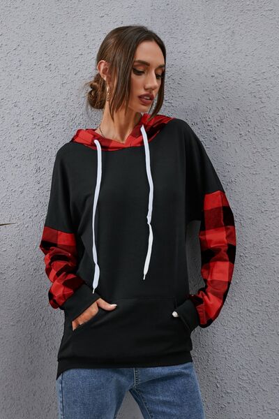 Plaid Drawstring Dropped Shoulder Hoodie - Charming Charlie